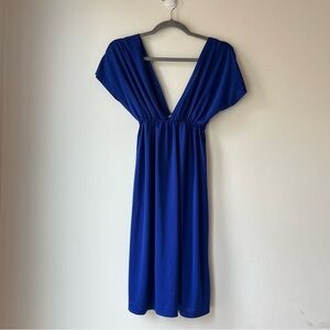 Blue Deep V-Neck Swimsuit Cover Up Dress Women’s S/M Elastic Waist Resort Wear